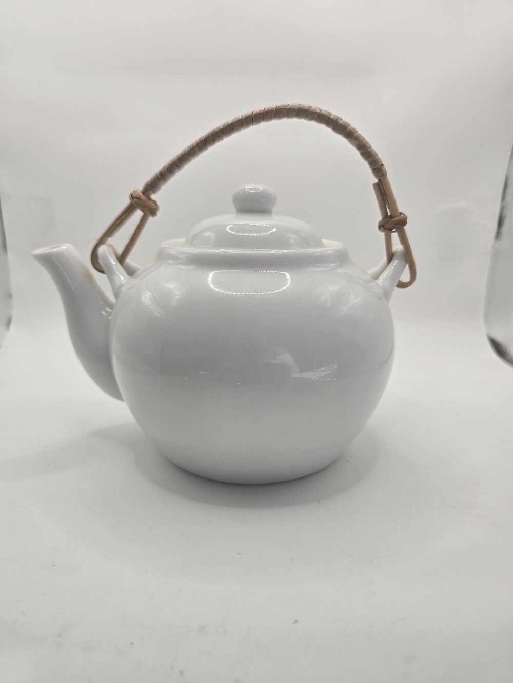 Pier One Small Porcelain Teapot Basket Weave Handle Solid White Round 5”x7.5”